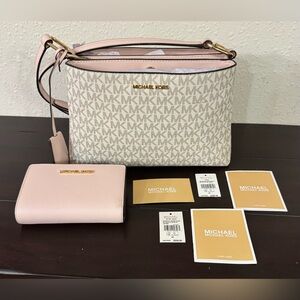 Michael Kors Cream MK Logo Crossbody with Pink Trim and Wallet